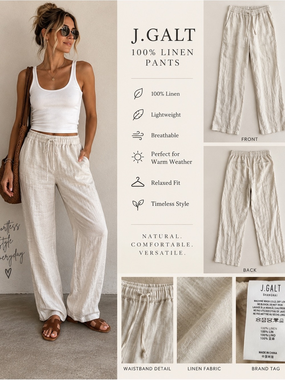 J.Galt 100% Linen Cream Wide Leg Drawstring Pants
